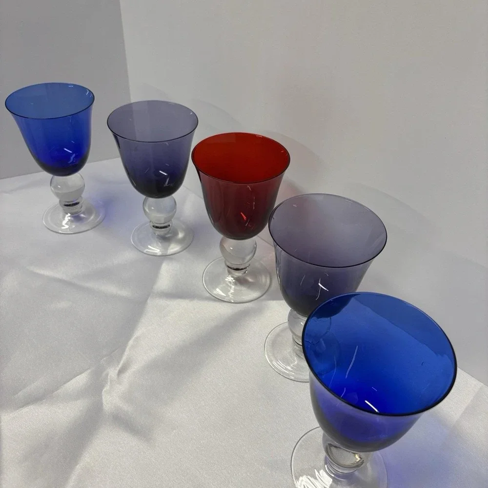 Vintage Clear Ball Stem Hand Blown Glass/Goblet - various colors set‎ of 5